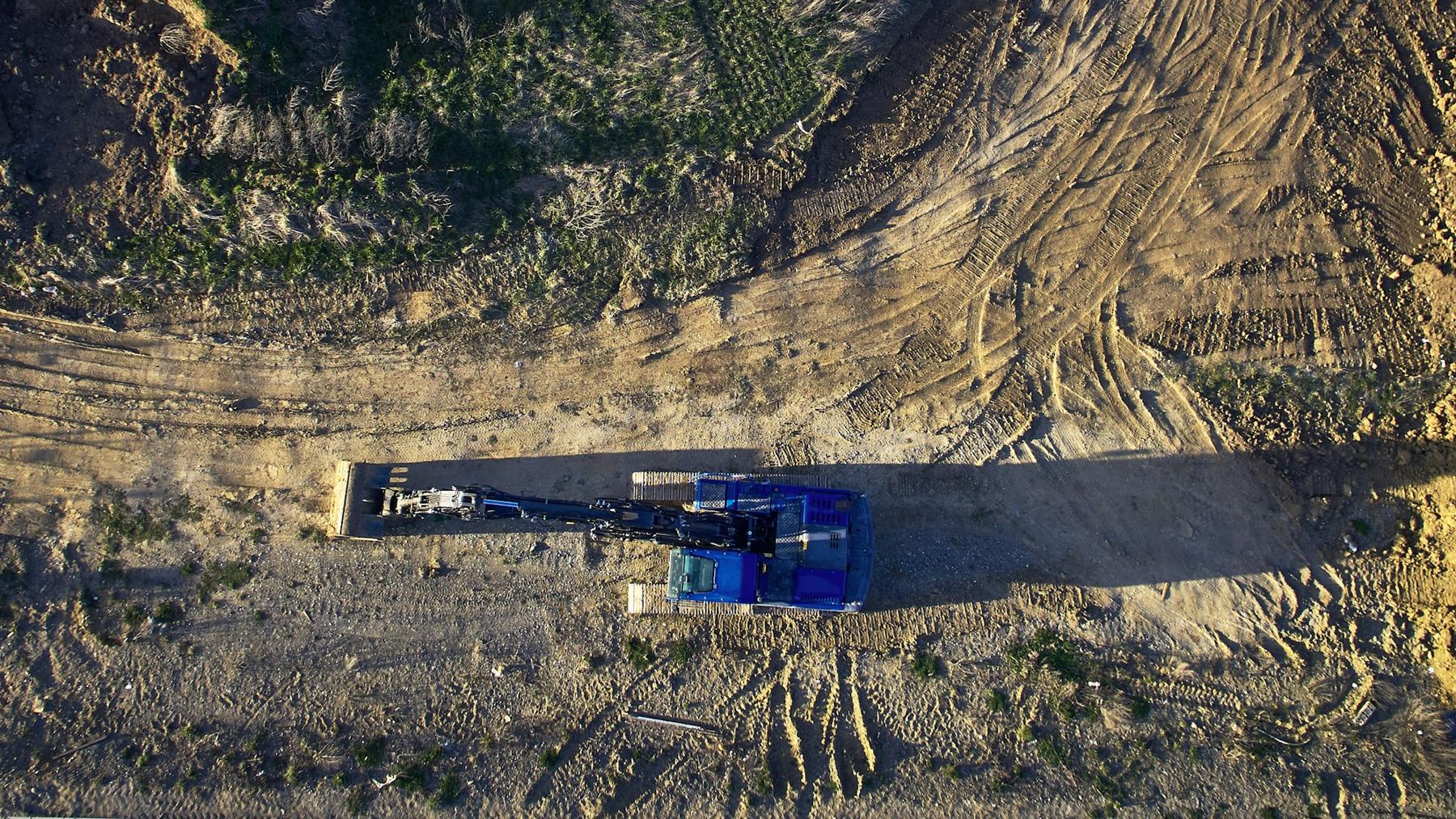 Aerial view of heavy equipment on an earthwork site